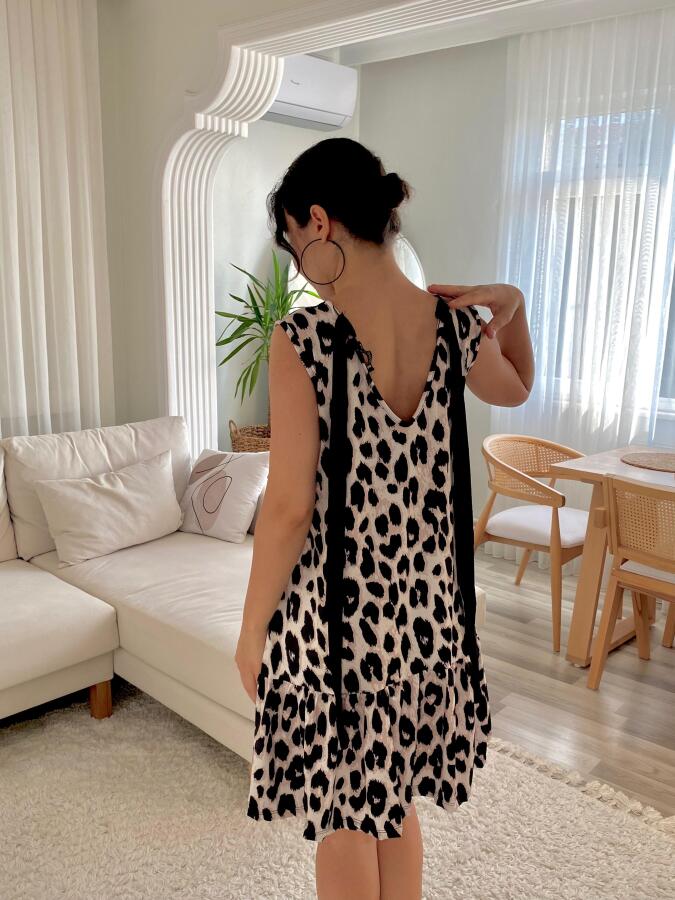 Kadın Kolsuz Sırttan Bağlamalı Fırfırlı Leopar Desenli Süprem Elbise - 9