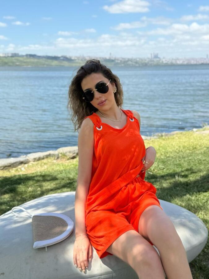 Kadın Kolsuz V Yaka Kuş Gözü Detay Bluz Short Aerobin Ikili Takım - 4