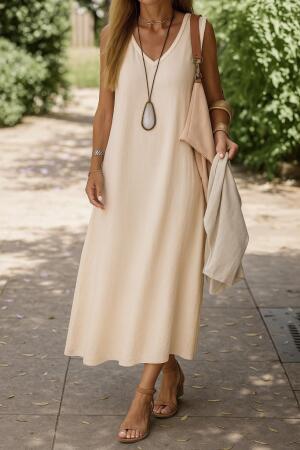 Kadın Kolsuz V Yakalı Maksi Boy Ithal Keten Elbise - ANGELINO BuyukBedeniz