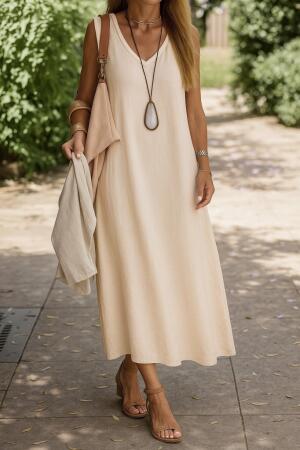 Kadın Kolsuz V Yakalı Maksi Boy Ithal Keten Elbise - 3