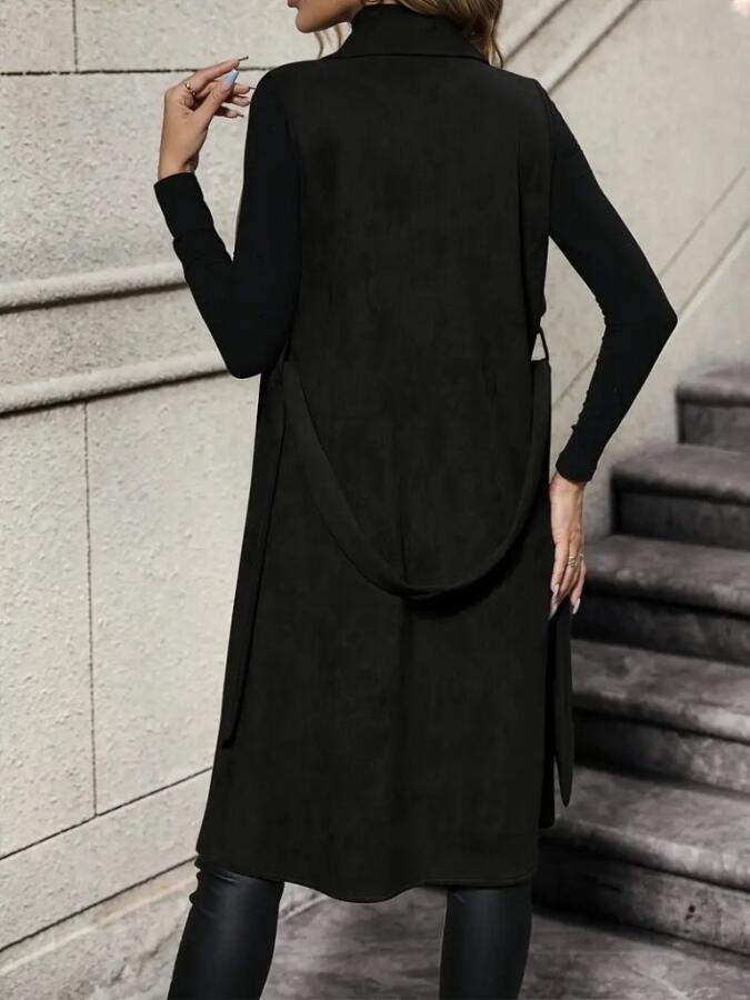 Kadın Kolsuz Yakalı önü Açık Belden Kuşaklı Süet Midi Yelek - 2