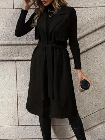 Kadın Kolsuz Yakalı önü Açık Belden Kuşaklı Süet Midi Yelek - 4