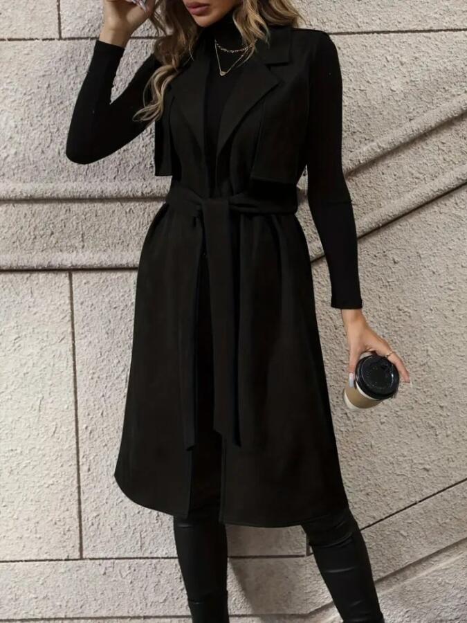 Kadın Kolsuz Yakalı önü Açık Belden Kuşaklı Süet Midi Yelek - 4