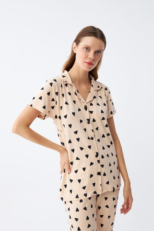 Angelino Kadın Krem Rengi Kalp Desenli Önden Düğmeli Pijama Takımı - 3
