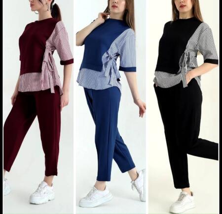 Kadın Kristal 2 Iplik Kumaş Yanları çizgili Takım - 4