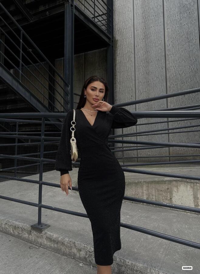 Kadın Kruvaze Yaka Balon Kol Simli Krep Kumaş Midi Boy Elbise - 2