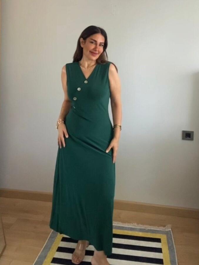 Kadın Kruvaze Yaka Düğme Detay Maxi Boy Elbise - 1