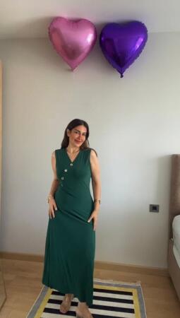 Kadın Kruvaze Yaka Düğme Detay Maxi Boy Elbise - 2