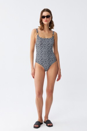 Akbeniz Kadın Lacivert Geometrik Desenli Aksesuar Askılı Tek Parça Mayo - 