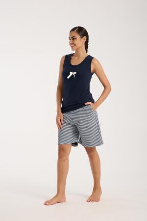 Angelino Kadın Lacivert Kurdele Detaylı Çizgili Şortlu Pijama Takımı - Angelino (1)