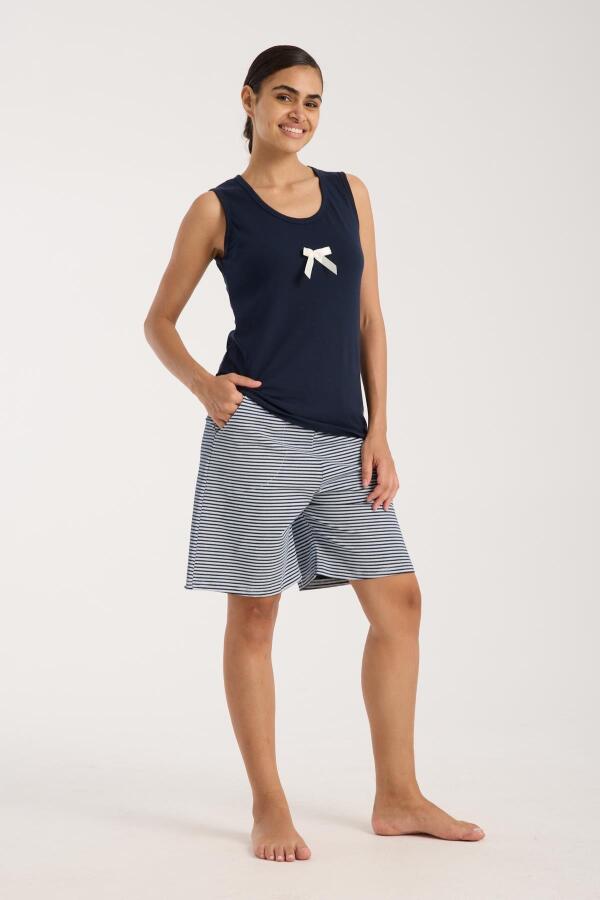 Angelino Kadın Lacivert Kurdele Detaylı Çizgili Şortlu Pijama Takımı - 5