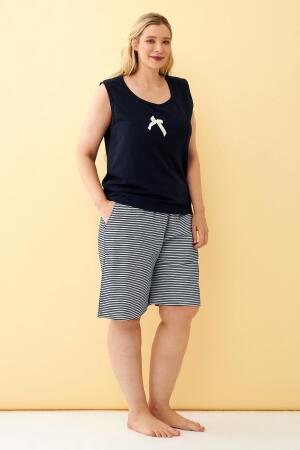 Angelino Kadın Lacivert Kurdele Detaylı Şortlu Büyük Beden Pijama Takımı - 3