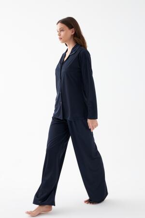 Kadın Lacivert Oversize Saten Pijama Takımı - Angelino (1)