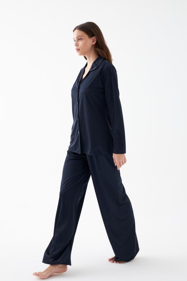 Kadın Lacivert Oversize Saten Pijama Takımı - 2