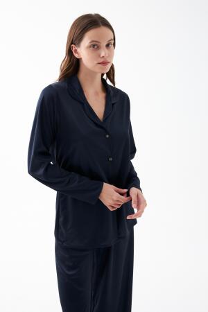 Kadın Lacivert Oversize Saten Pijama Takımı - 3