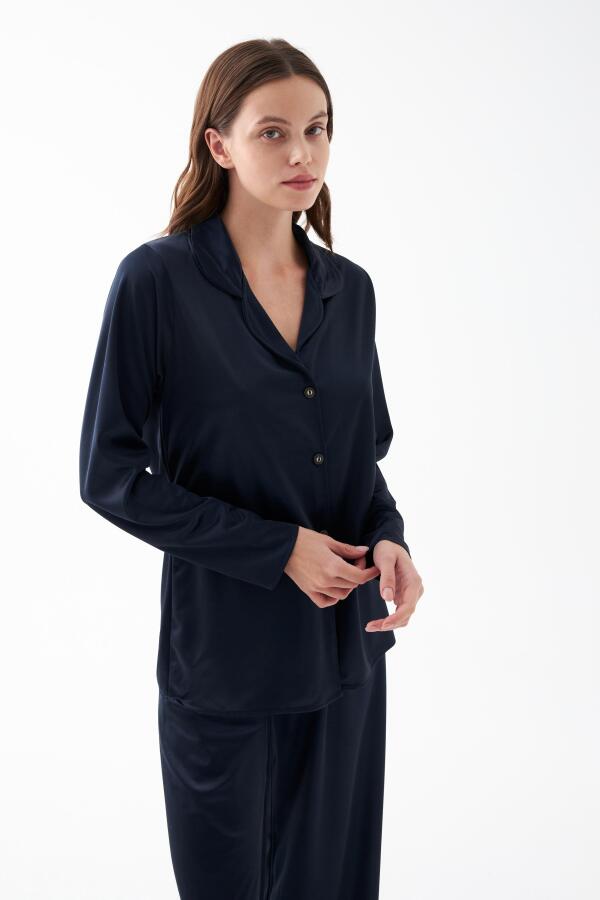 Kadın Lacivert Oversize Saten Pijama Takımı - 3