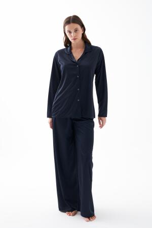 Kadın Lacivert Oversize Saten Pijama Takımı - 4