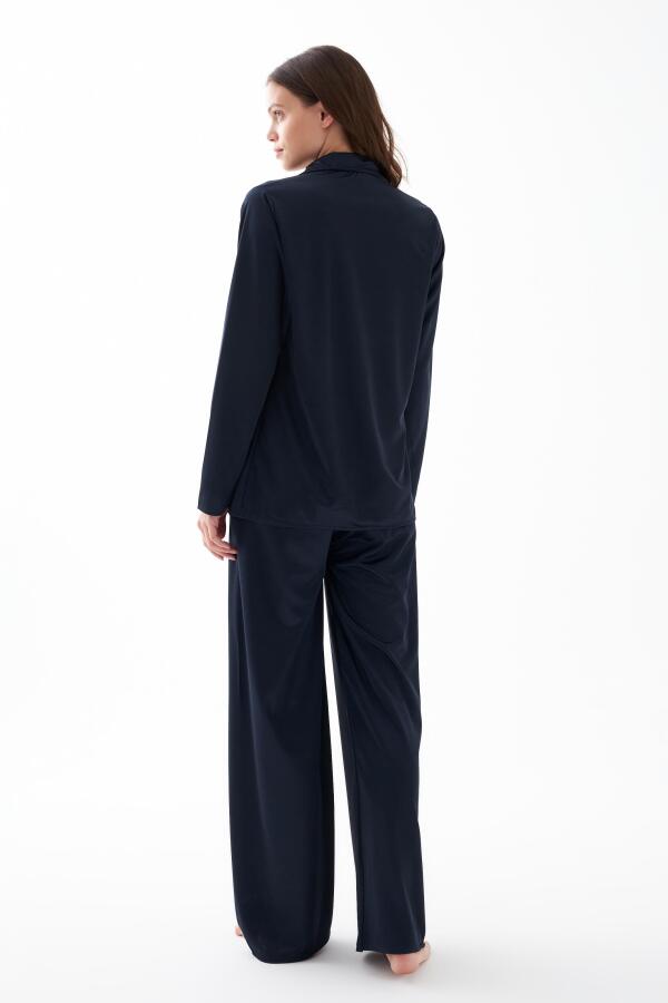 Kadın Lacivert Oversize Saten Pijama Takımı - 5