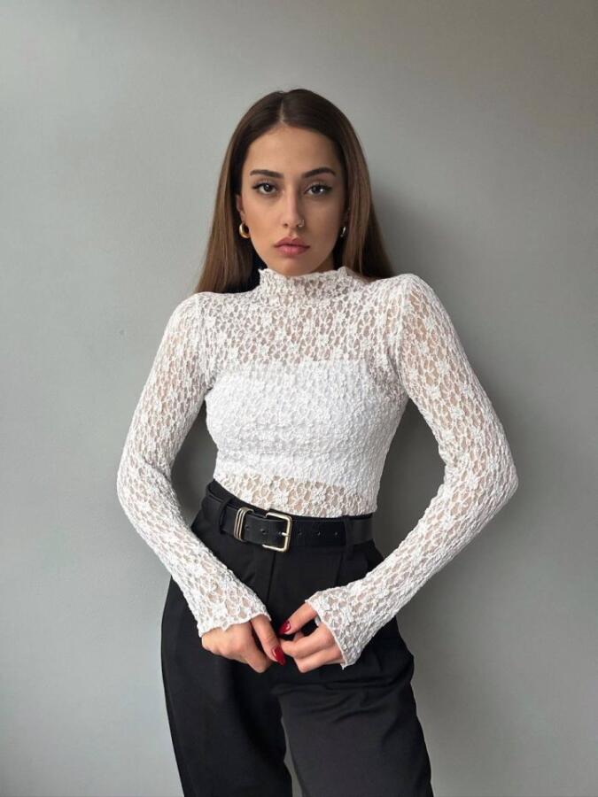 Kadın Likralı Dantel Transparan Uzun Kol Crop Bluz - 2
