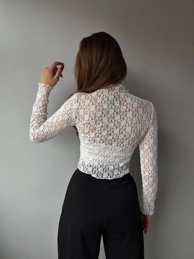 Kadın Likralı Dantel Transparan Uzun Kol Crop Bluz - 3
