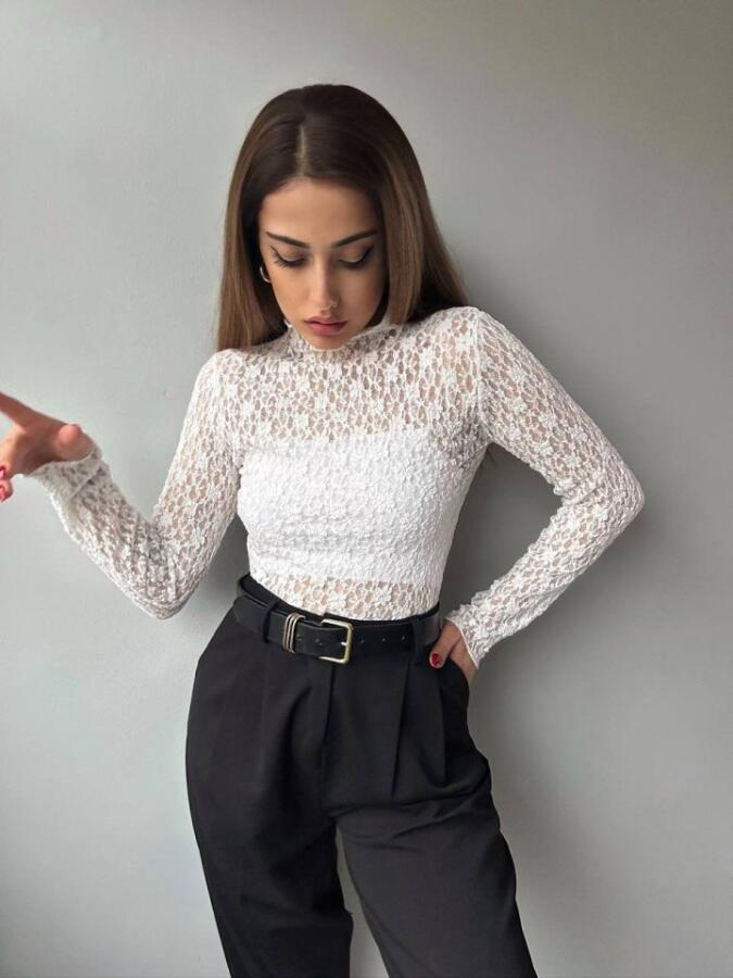 Kadın Likralı Dantel Transparan Uzun Kol Crop Bluz - 6