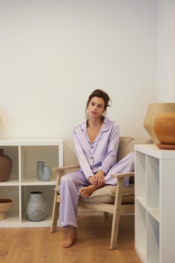 Kadın Lila Oversize Saten Pijama Takımı - 1