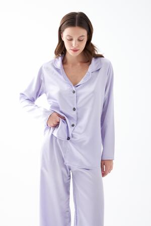 Kadın Lila Oversize Saten Pijama Takımı - 4