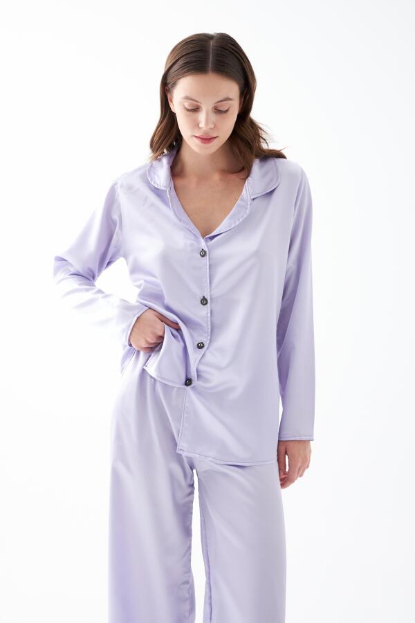 Kadın Lila Oversize Saten Pijama Takımı - 4