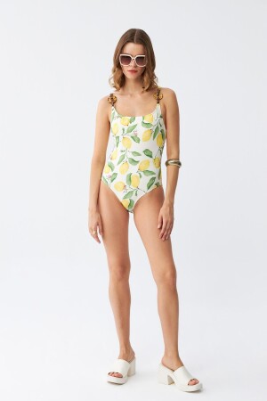 Akbeniz Kadın Limon Desenli Aksesuar Askılı Tek Parça Mayo – Ekru - 4