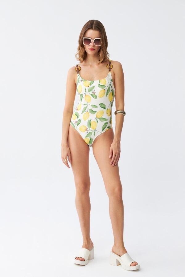 Akbeniz Kadın Limon Desenli Aksesuar Askılı Tek Parça Mayo – Ekru - 4