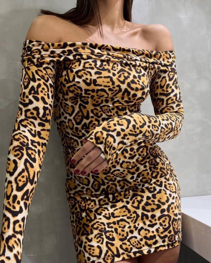 Kadın Madonna Mendil Yaka Leopar Desen Mini Elbise - 1