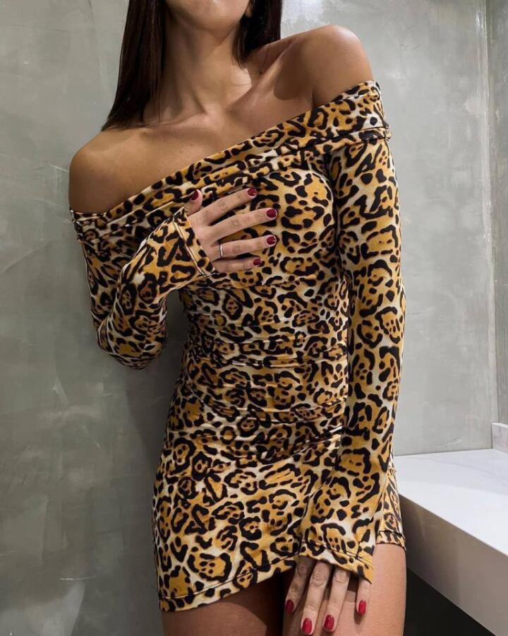 Kadın Madonna Mendil Yaka Leopar Desen Mini Elbise - 3