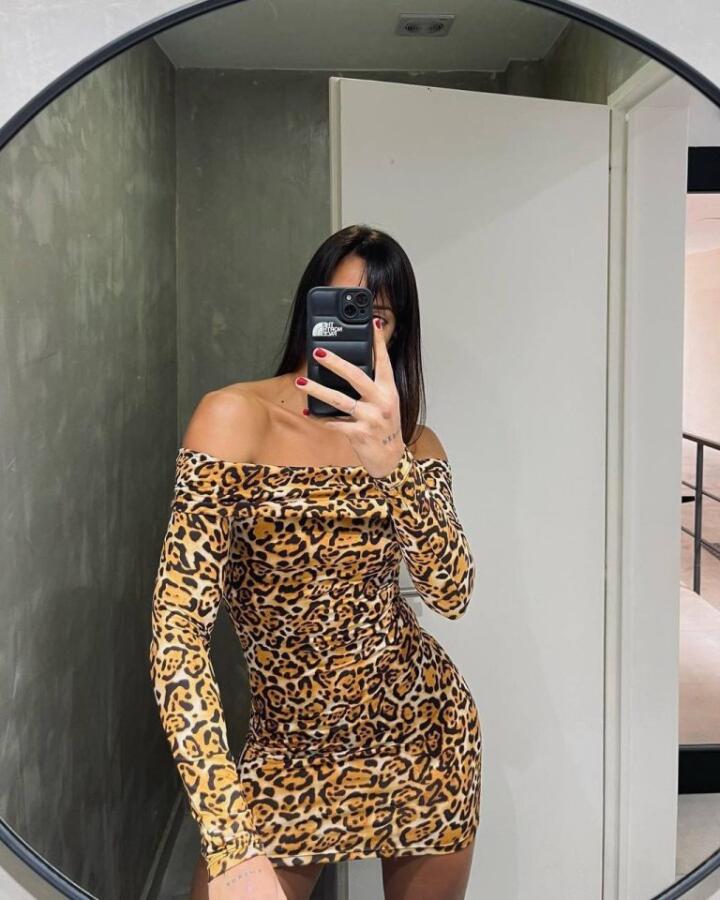 Kadın Madonna Mendil Yaka Leopar Desen Mini Elbise - 4