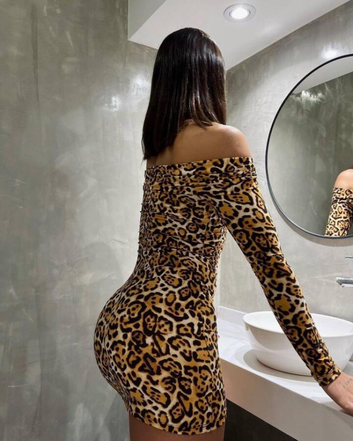 Kadın Madonna Mendil Yaka Leopar Desen Mini Elbise - 5