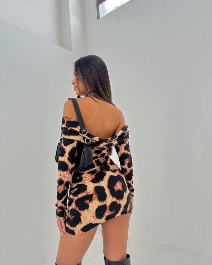 Kadın Madonna Mendil Yaka Leopar Desen Mini Elbise - 5