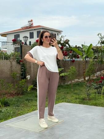 Kadın Modal Dokulu Kumaş Yanı şeritli Takım - ANGELINO BuyukBedeniz (1)