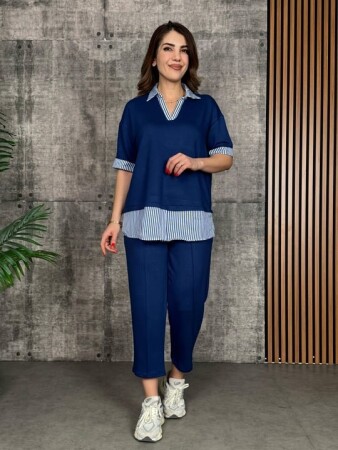 Kadın Modal Kumaş çizgili Gömlek Yaka Ikili Takım - ANGELINO BuyukBedeniz
