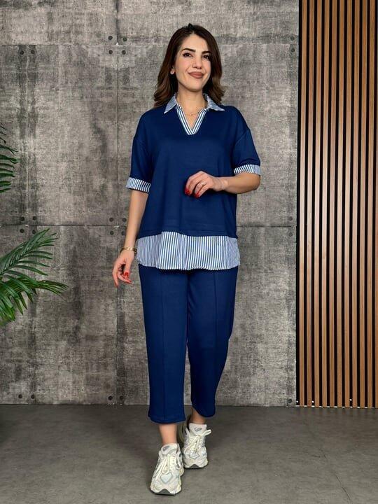 Kadın Modal Kumaş çizgili Gömlek Yaka Ikili Takım - 1