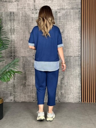 Kadın Modal Kumaş çizgili Gömlek Yaka Ikili Takım - 3