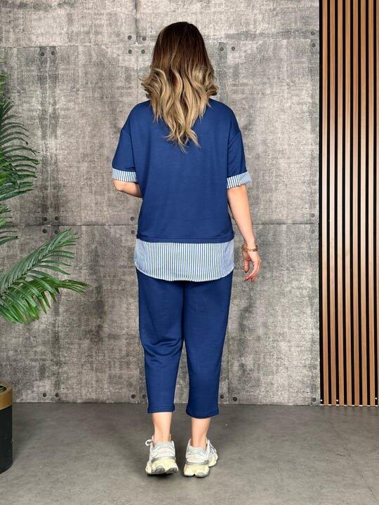 Kadın Modal Kumaş çizgili Gömlek Yaka Ikili Takım - 3