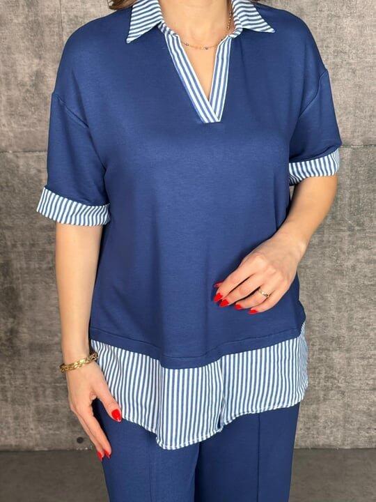 Kadın Modal Kumaş çizgili Gömlek Yaka Ikili Takım - 4