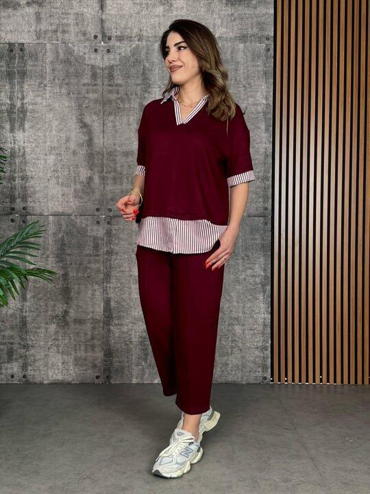 Kadın Modal Kumaş çizgili Gömlek Yaka Ikili Takım - 1