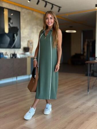 Kadın Modal Kumaş şerit Detaylı Fermuarlı Midi Elbise - 5