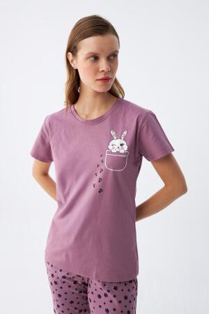 Angelino Kadın Mor Patili Tavşan Baskılı Cepli Pijama Takımı - Angelino