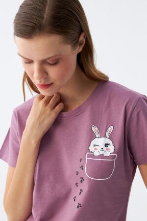 Angelino Kadın Mor Patili Tavşan Baskılı Cepli Pijama Takımı - 3