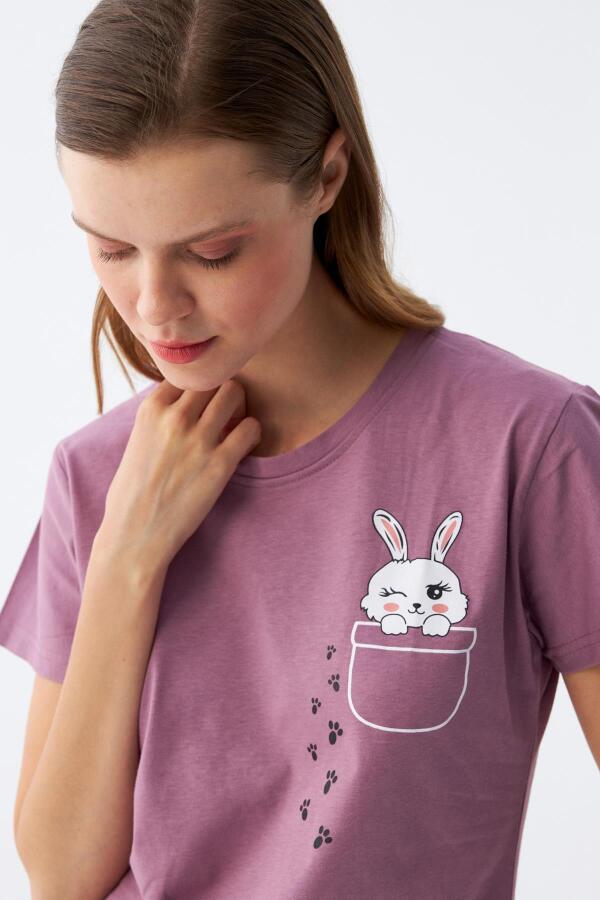 Angelino Kadın Mor Patili Tavşan Baskılı Cepli Pijama Takımı - 3