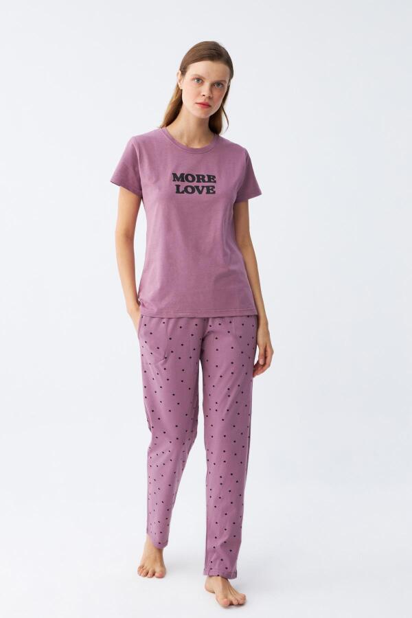 Angelino Kadın Mor Yıldız Desenli Penye Kısa Kol Pijama Takımı - 1