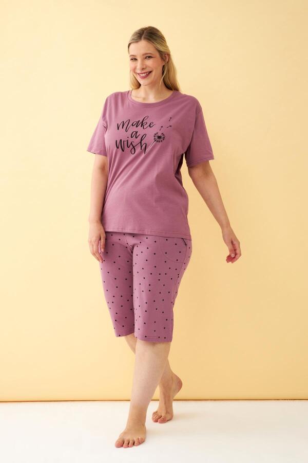 Angelino Kadın Mürdüm “Make a Wish” Yazılı Büyük Beden Kapri Pijama Takımı - 1