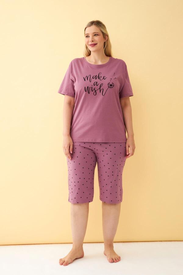 Angelino Kadın Mürdüm “Make a Wish” Yazılı Büyük Beden Kapri Pijama Takımı - 4