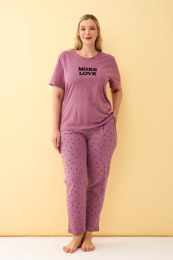 Angelino Kadın Mürdüm More Love Yazılı Büyük Beden Pijama Takımı - 1
